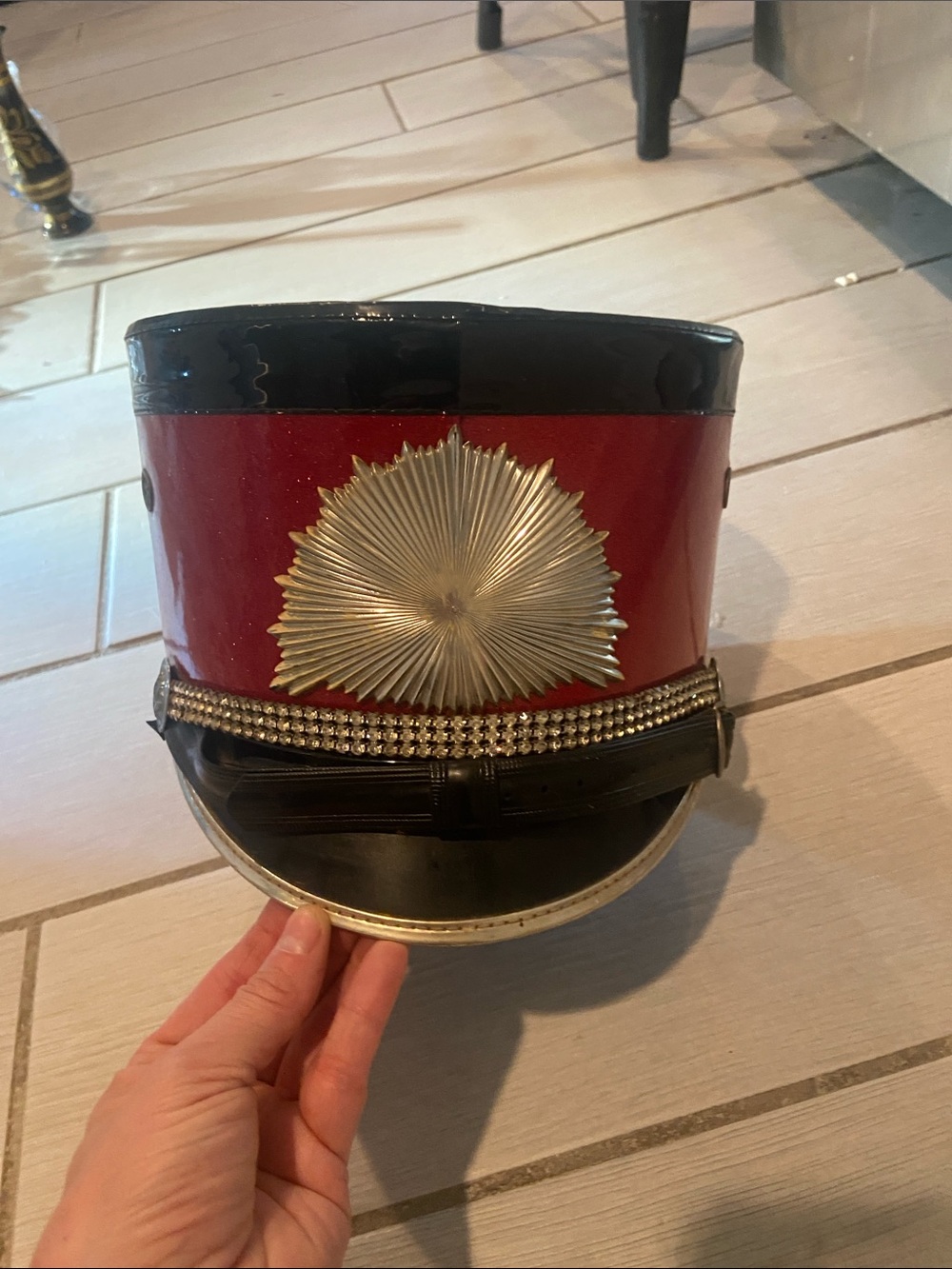 Classic Red and Black Parade Shako Hat with Gold Emblem